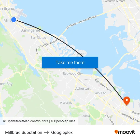 Millbrae Substation to Googleplex map