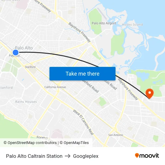 Palo Alto Caltrain Station to Googleplex map