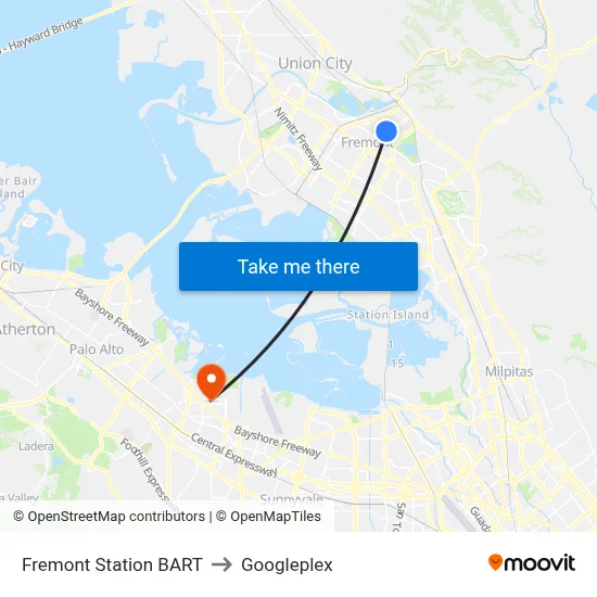 Fremont Station BART to Googleplex map