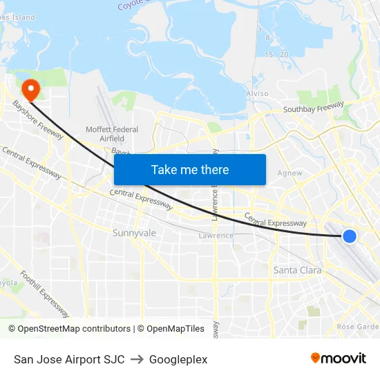 San Jose Airport SJC to Googleplex map