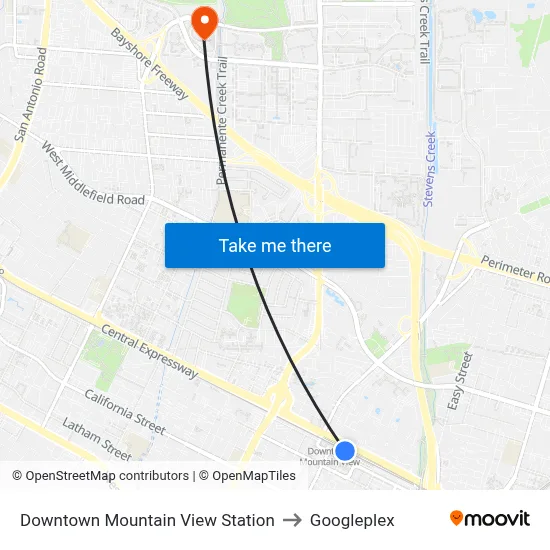 Downtown Mountain View Station to Googleplex map