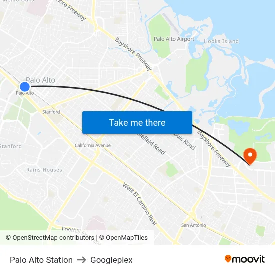 Palo Alto Station to Googleplex map
