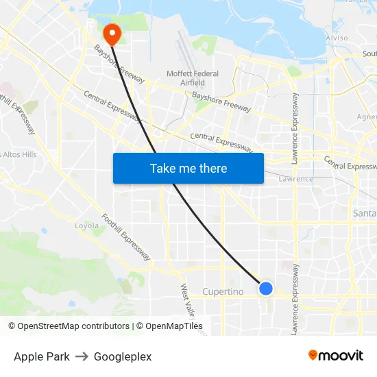 Apple Park to Googleplex map