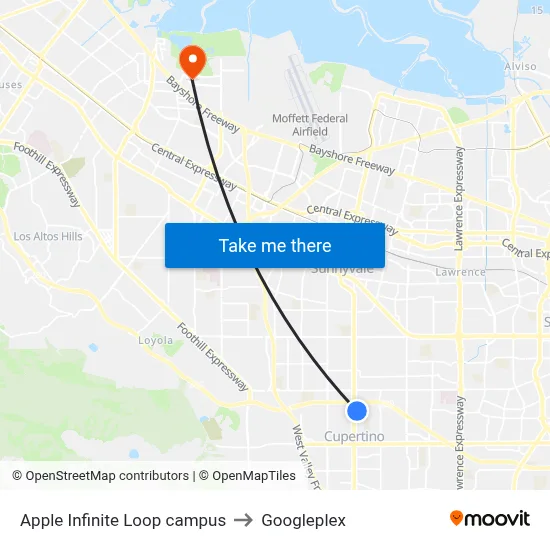 Apple Infinite Loop campus to Googleplex map