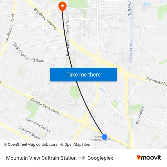 Mountain View Caltrain Station to Googleplex map