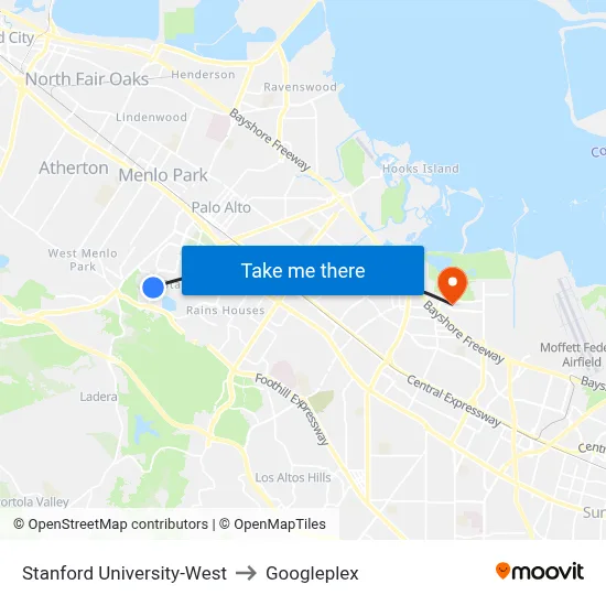Stanford University-West, 355 Galvez St to Googleplex map