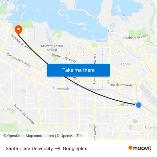 Santa Clara University to Googleplex map