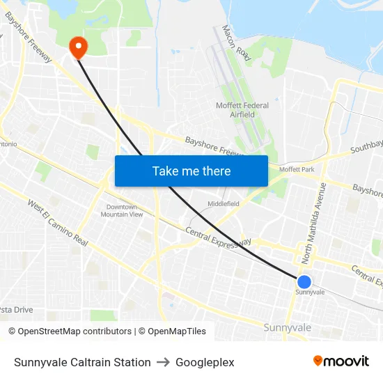 Sunnyvale Caltrain Station to Googleplex map