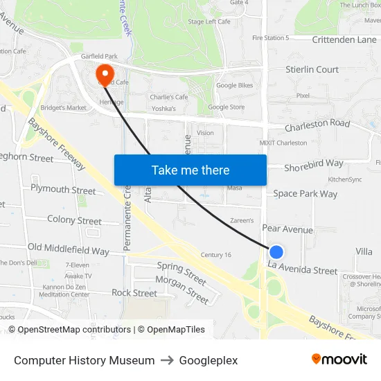 Computer History Museum to Googleplex map
