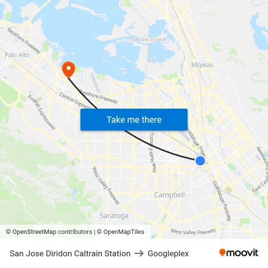 San Jose Diridon Caltrain Station to Googleplex map
