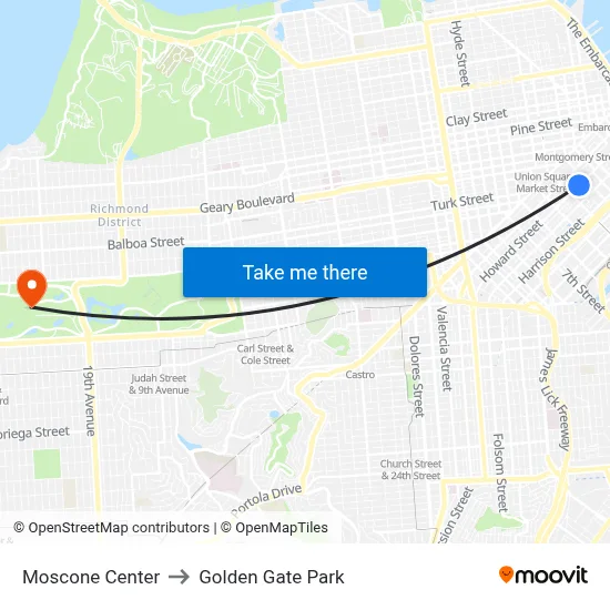 Moscone Center to Golden Gate Park map