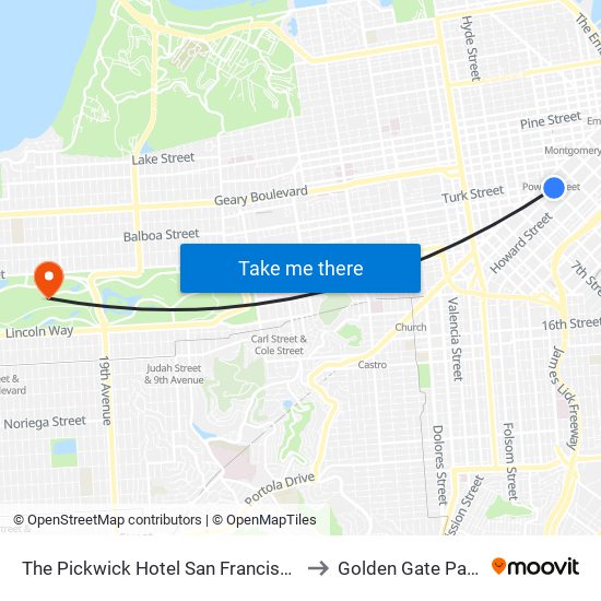 The Pickwick Hotel San Francisco to Golden Gate Park map