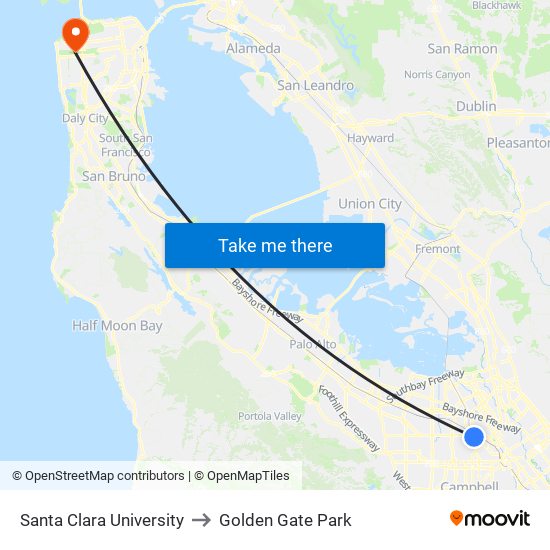 Santa Clara University to Golden Gate Park map