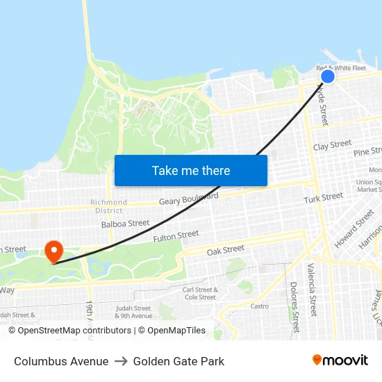 Columbus Avenue to Golden Gate Park map