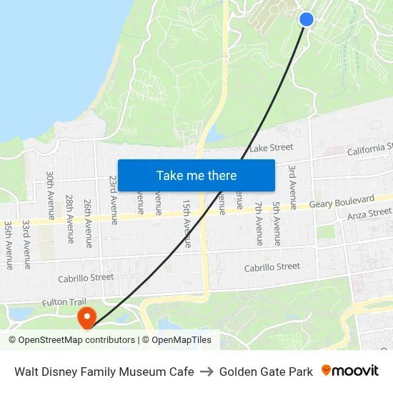 Walt Disney Family Museum Cafe to Golden Gate Park map