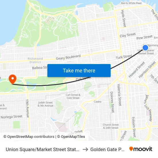 Union Square/Market Street Station to Golden Gate Park map