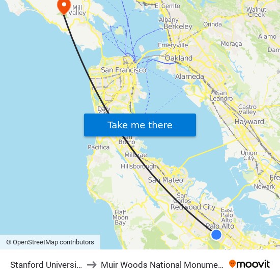 Stanford University to Muir Woods National Monument map