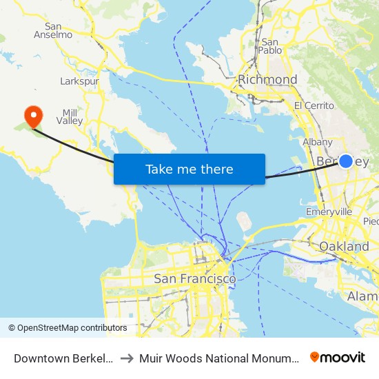 Downtown Berkeley to Muir Woods National Monument map