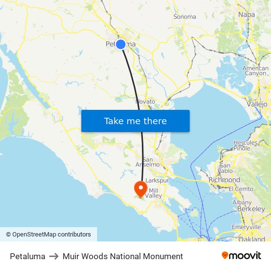 Petaluma to Muir Woods National Monument map