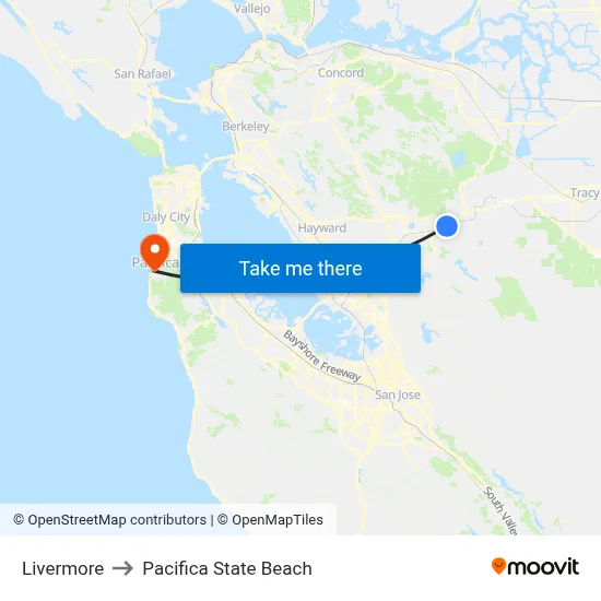 Livermore to Pacifica State Beach map