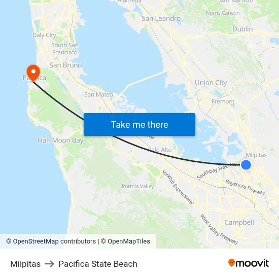 Milpitas to Pacifica State Beach map