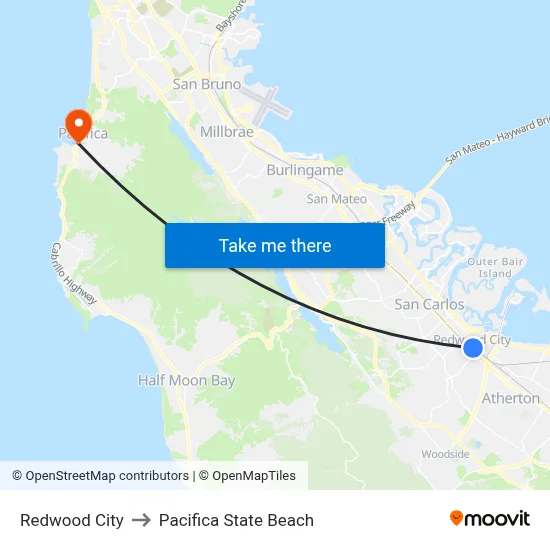 Redwood City to Pacifica State Beach map