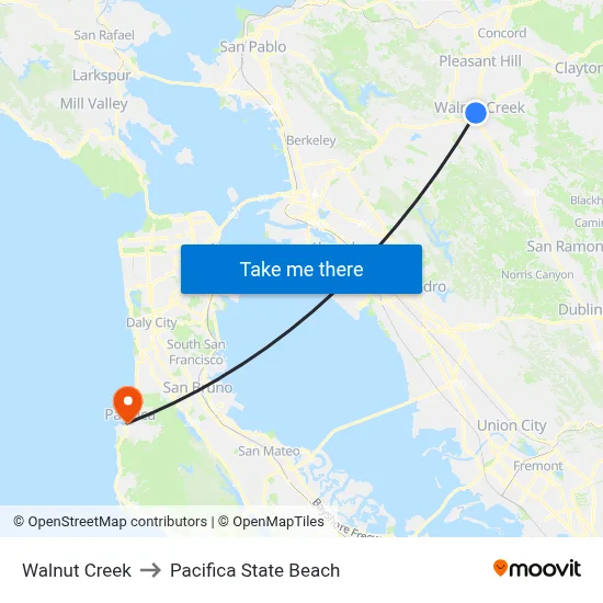 Walnut Creek to Pacifica State Beach map