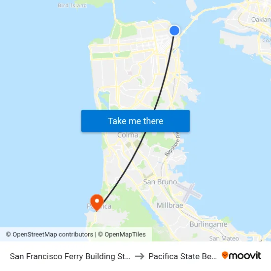 San Francisco Ferry Building Station to Pacifica State Beach map
