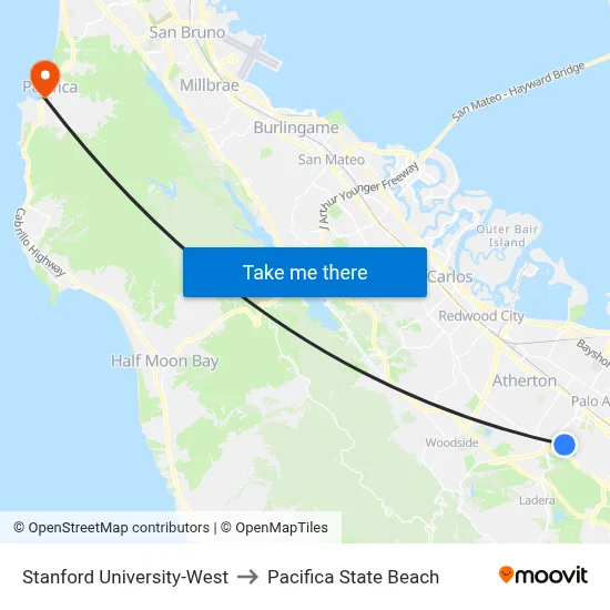 Stanford University-West, 355 Galvez St to Pacifica State Beach map