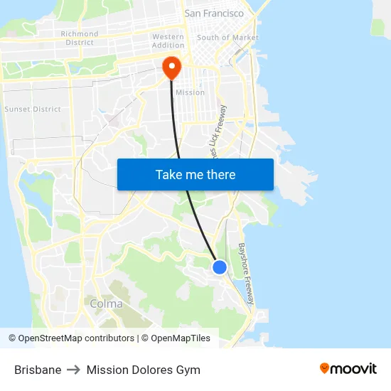 Brisbane to Mission Dolores Gym map