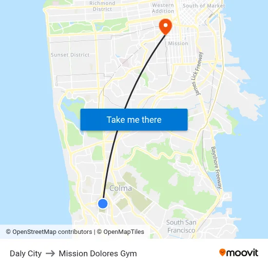 Daly City to Mission Dolores Gym map