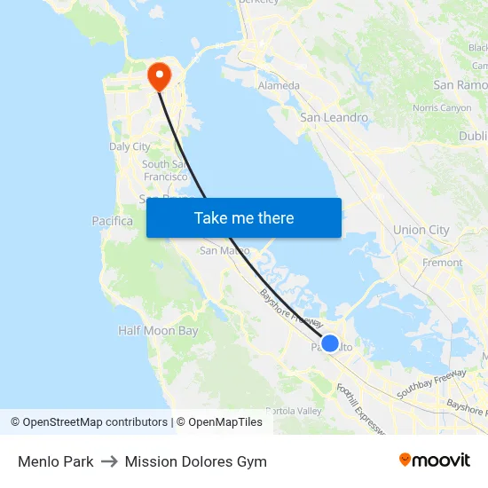 Menlo Park to Mission Dolores Gym map