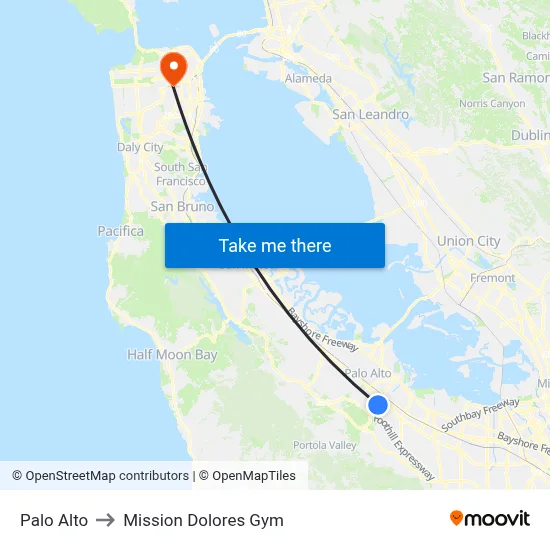 Palo Alto to Mission Dolores Gym map