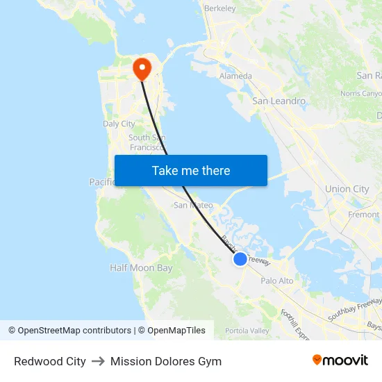 Redwood City to Mission Dolores Gym map