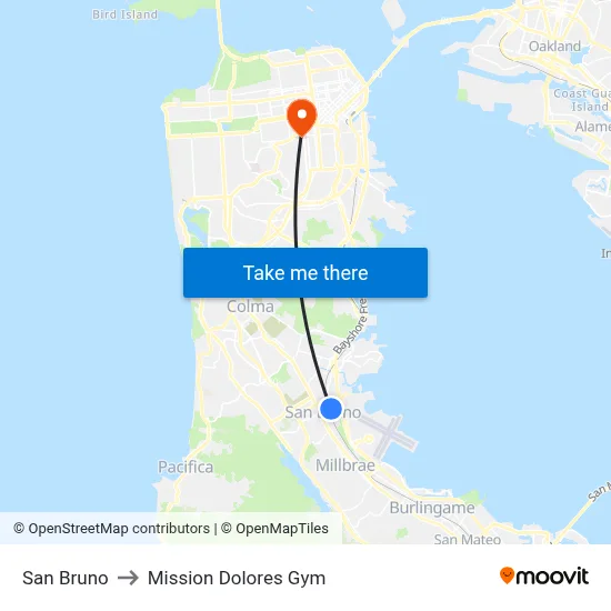 San Bruno to Mission Dolores Gym map