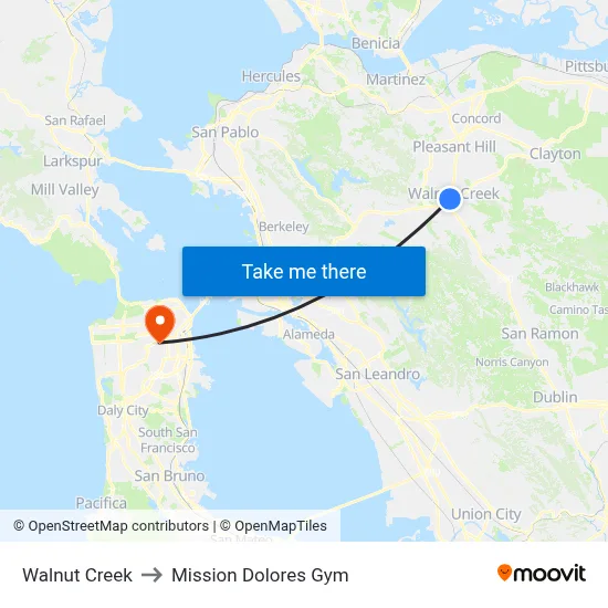 Walnut Creek to Mission Dolores Gym map