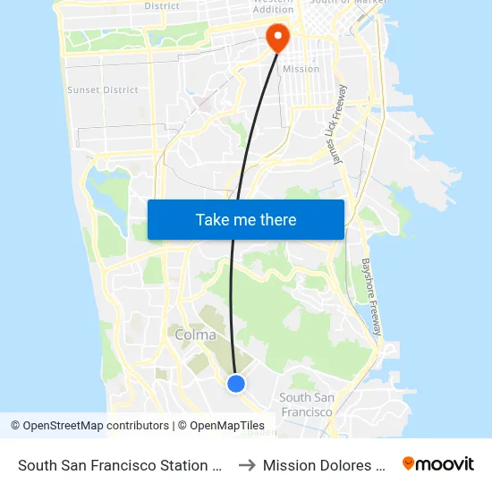 South San Francisco Station BART to Mission Dolores Gym map
