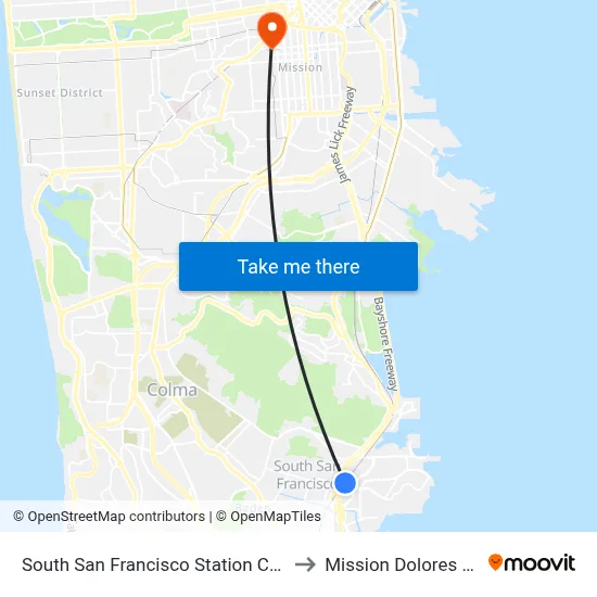 South San Francisco Station Caltrain to Mission Dolores Gym map