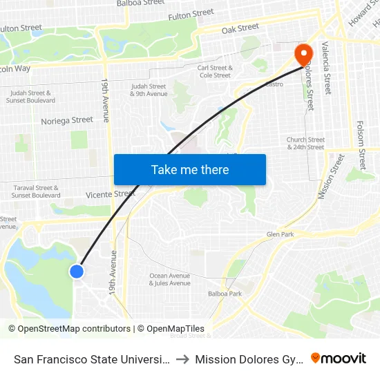 San Francisco State University to Mission Dolores Gym map