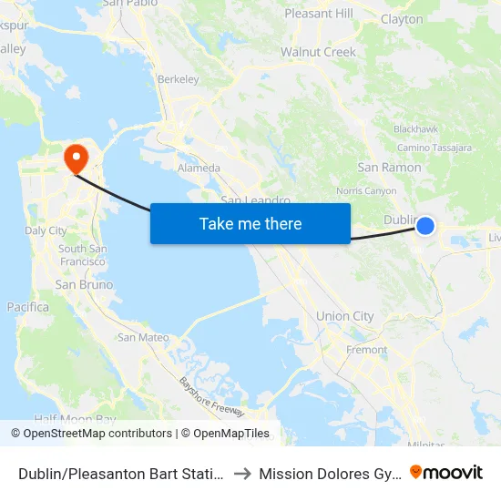 Dublin/Pleasanton Bart Station to Mission Dolores Gym map
