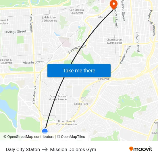 Daly City Staton to Mission Dolores Gym map