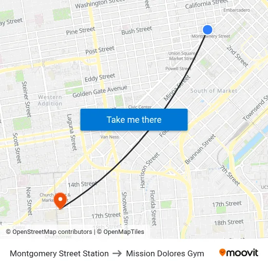 Montgomery Street Station to Mission Dolores Gym map