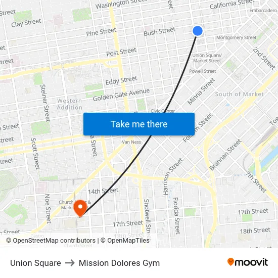 Union Square to Mission Dolores Gym map