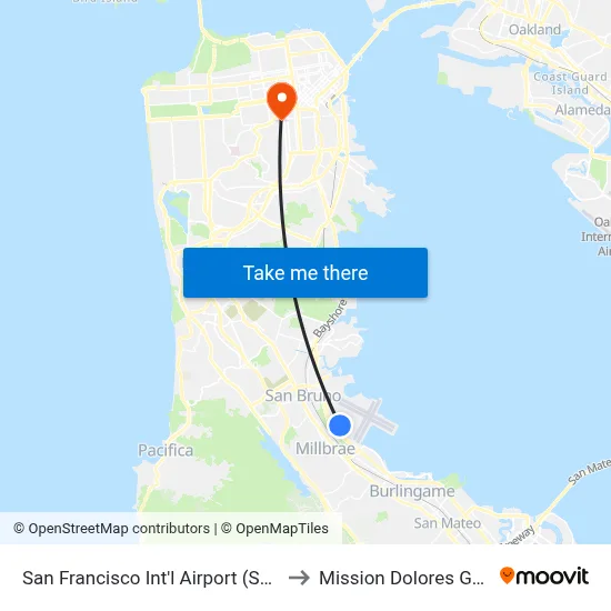 San Francisco Int'l Airport (SFO) to Mission Dolores Gym map