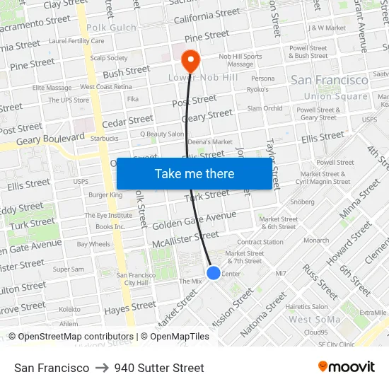 San Francisco to 940 Sutter Street map