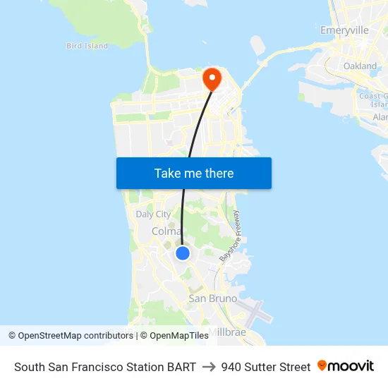 South San Francisco Station BART to 940 Sutter Street map
