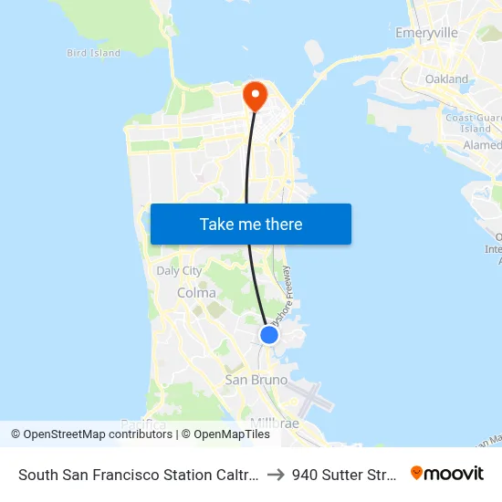 South San Francisco Station Caltrain to 940 Sutter Street map
