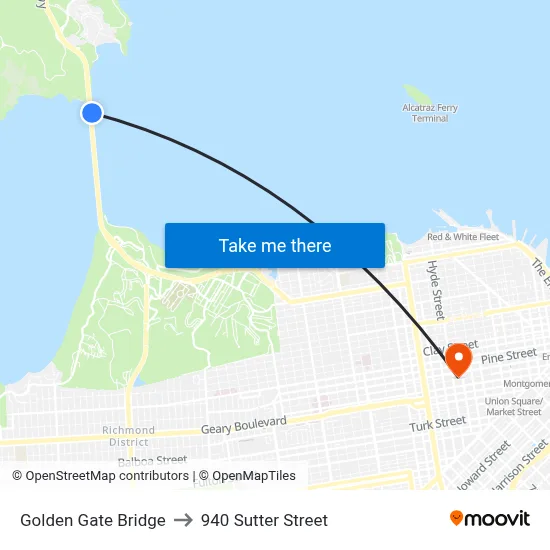 Golden Gate Bridge to 940 Sutter Street map