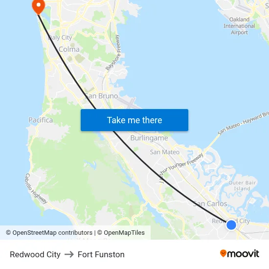 Redwood City to Fort Funston map