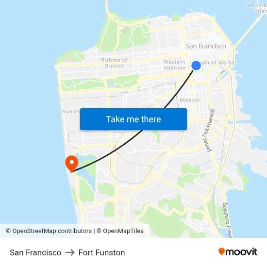 San Francisco to Fort Funston map